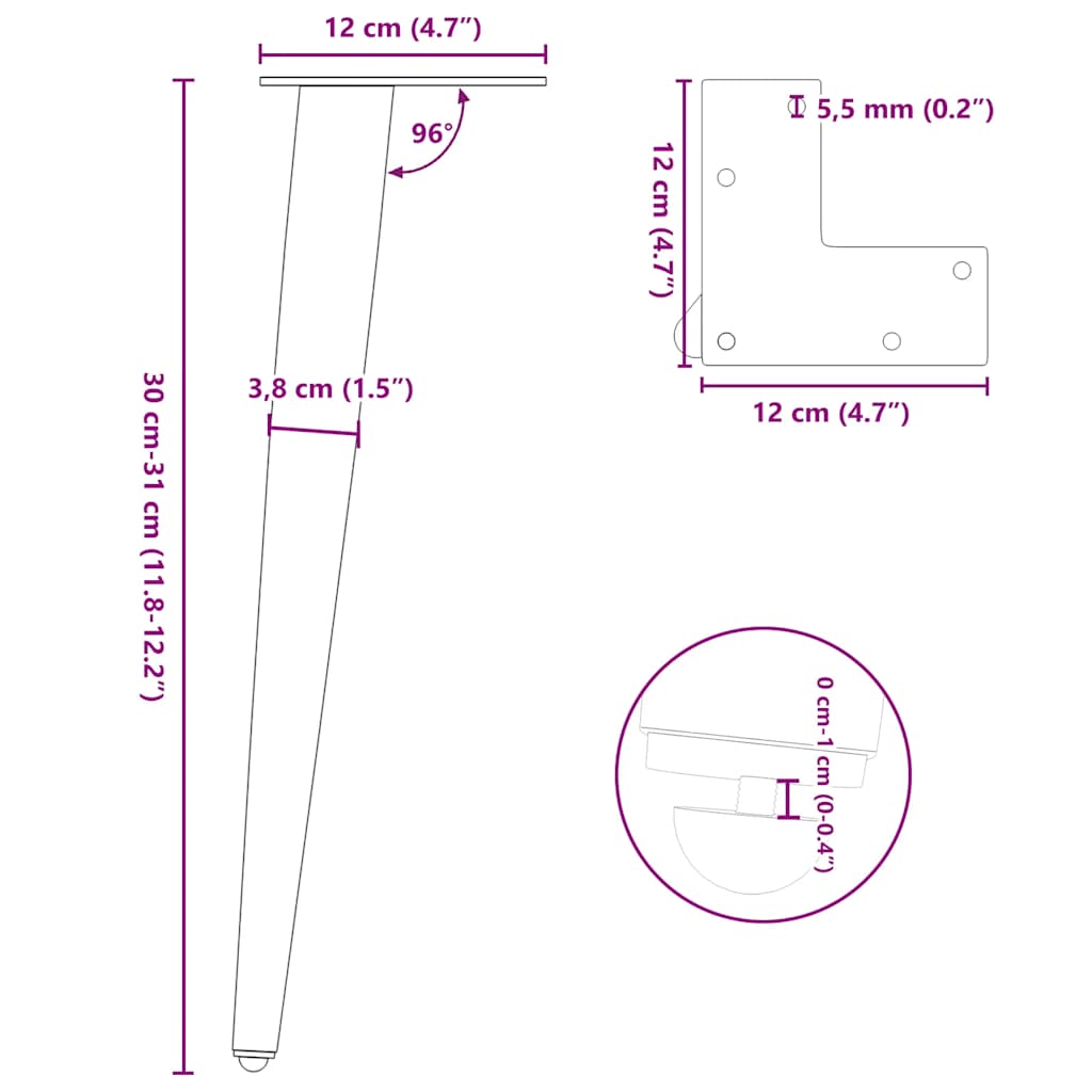 Couchtisch Beine Konische Form 4 Stück Naturstahl 30-31cm Stahl