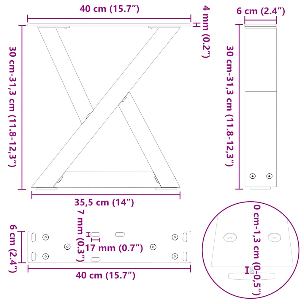 Pieds de table basse (2 pièces) en acier blanc, 40 x 30-31,3 cm