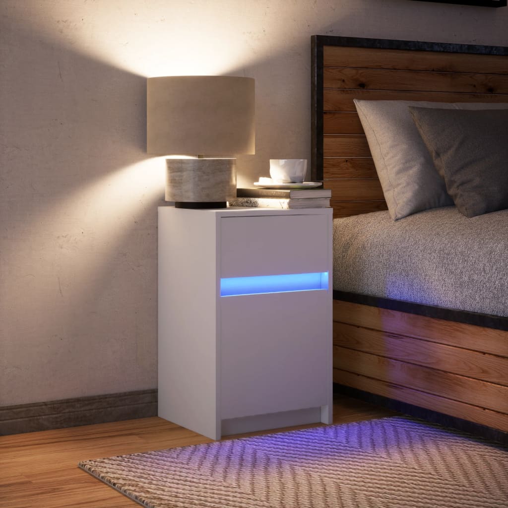 Bedside table with LED lights white wood material