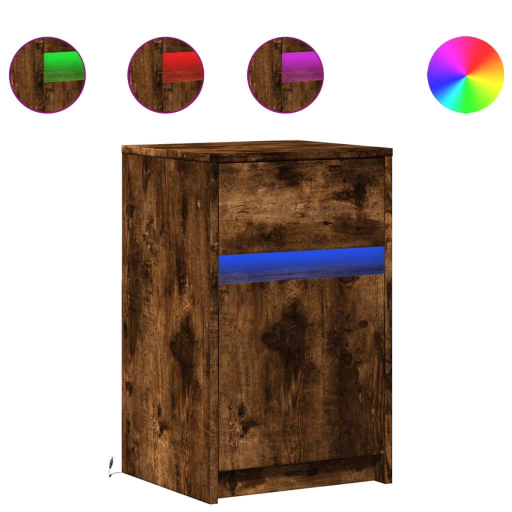 Bedside table with LED lights smoked oak wood material