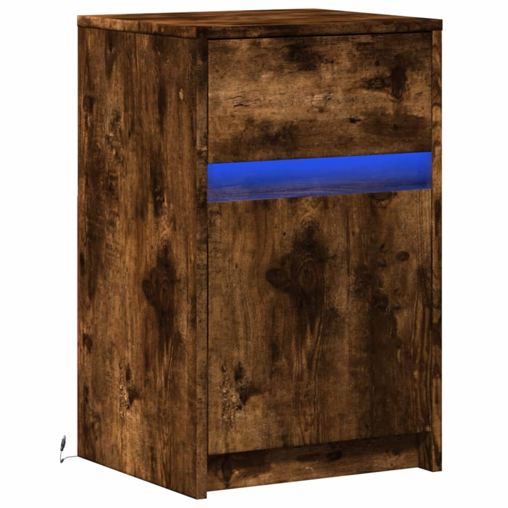 Bedside table with LED lights smoked oak wood material