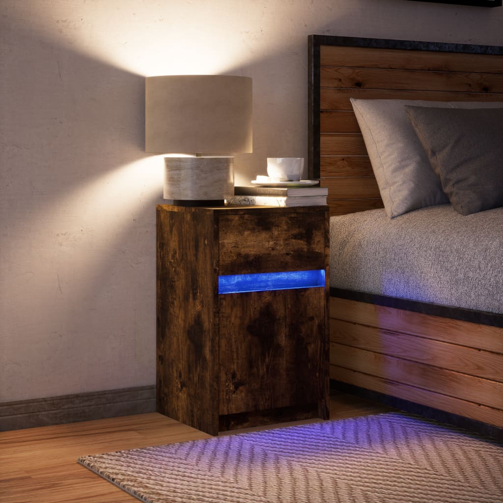Bedside table with LED lights smoked oak wood material