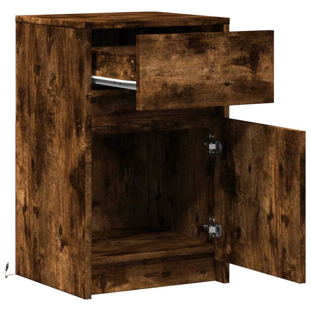 Bedside table with LED lights smoked oak wood material