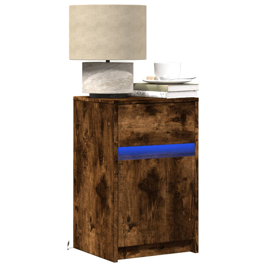 Bedside table with LED lights smoked oak wood material