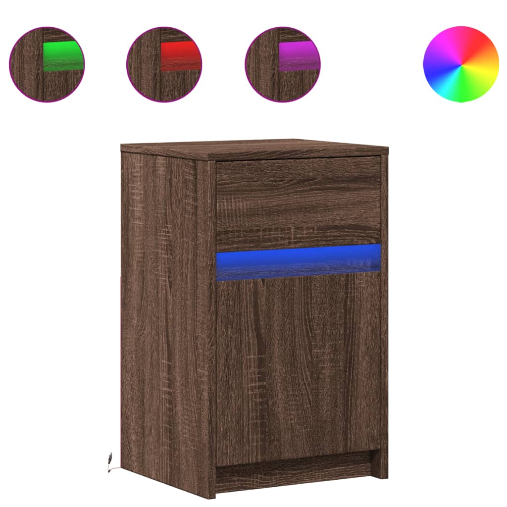 Bedside table with LED lights Brown oak look wood material