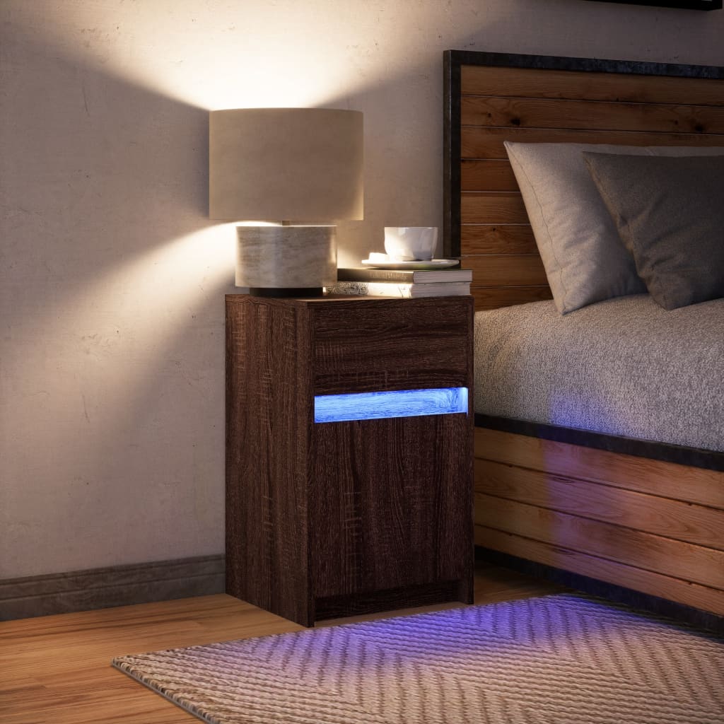 Bedside table with LED lights Brown oak look wood material