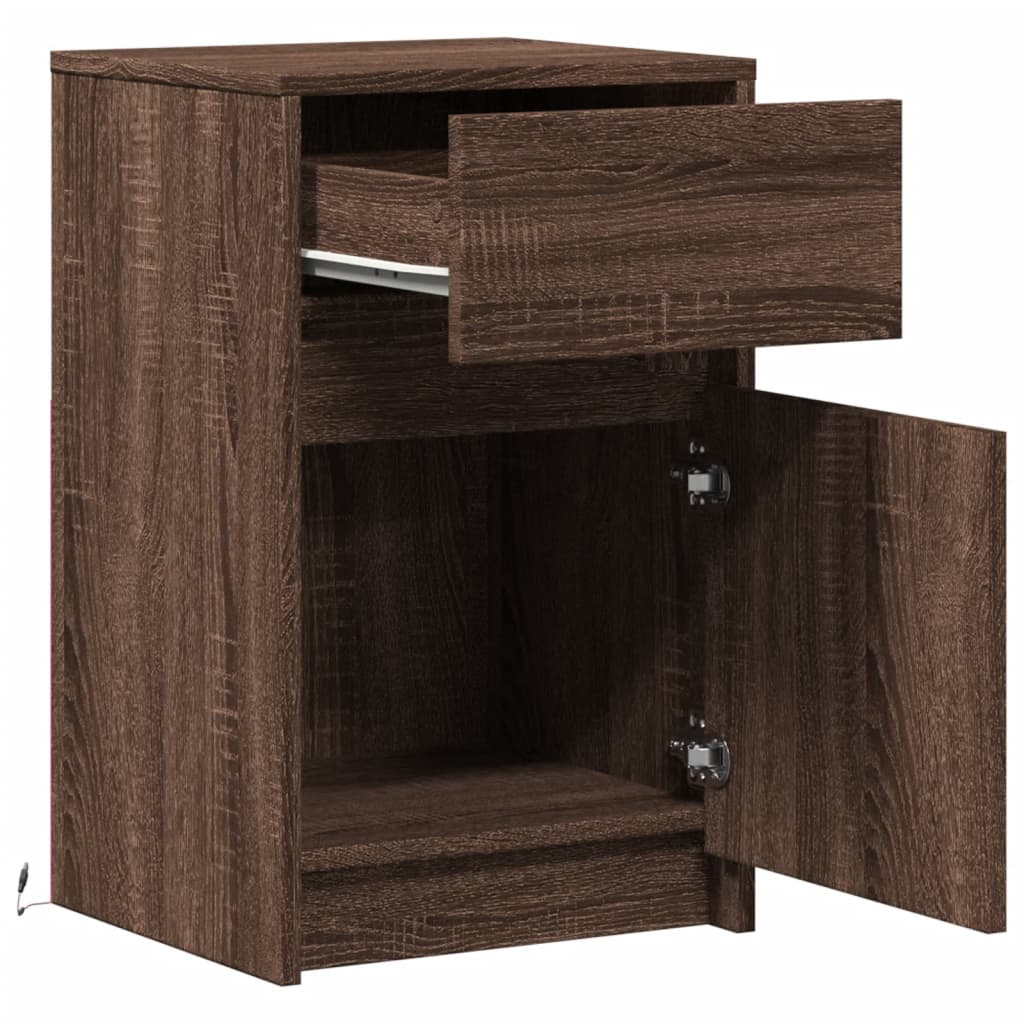 Bedside table with LED lights Brown oak look wood material