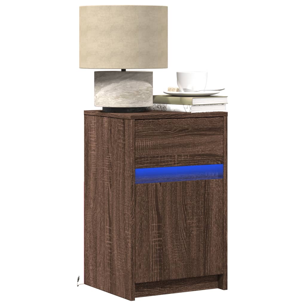 Bedside table with LED lights Brown oak look wood material