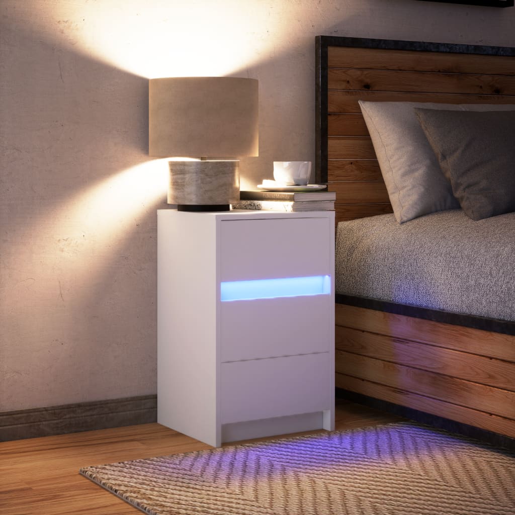 Bedside table with LED lights white wood material