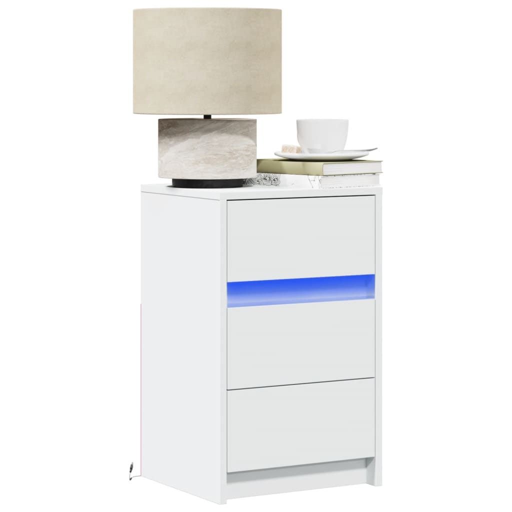 Bedside table with LED lights white wood material