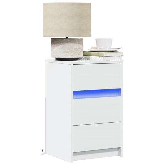 Bedside table with LED lights white wood material
