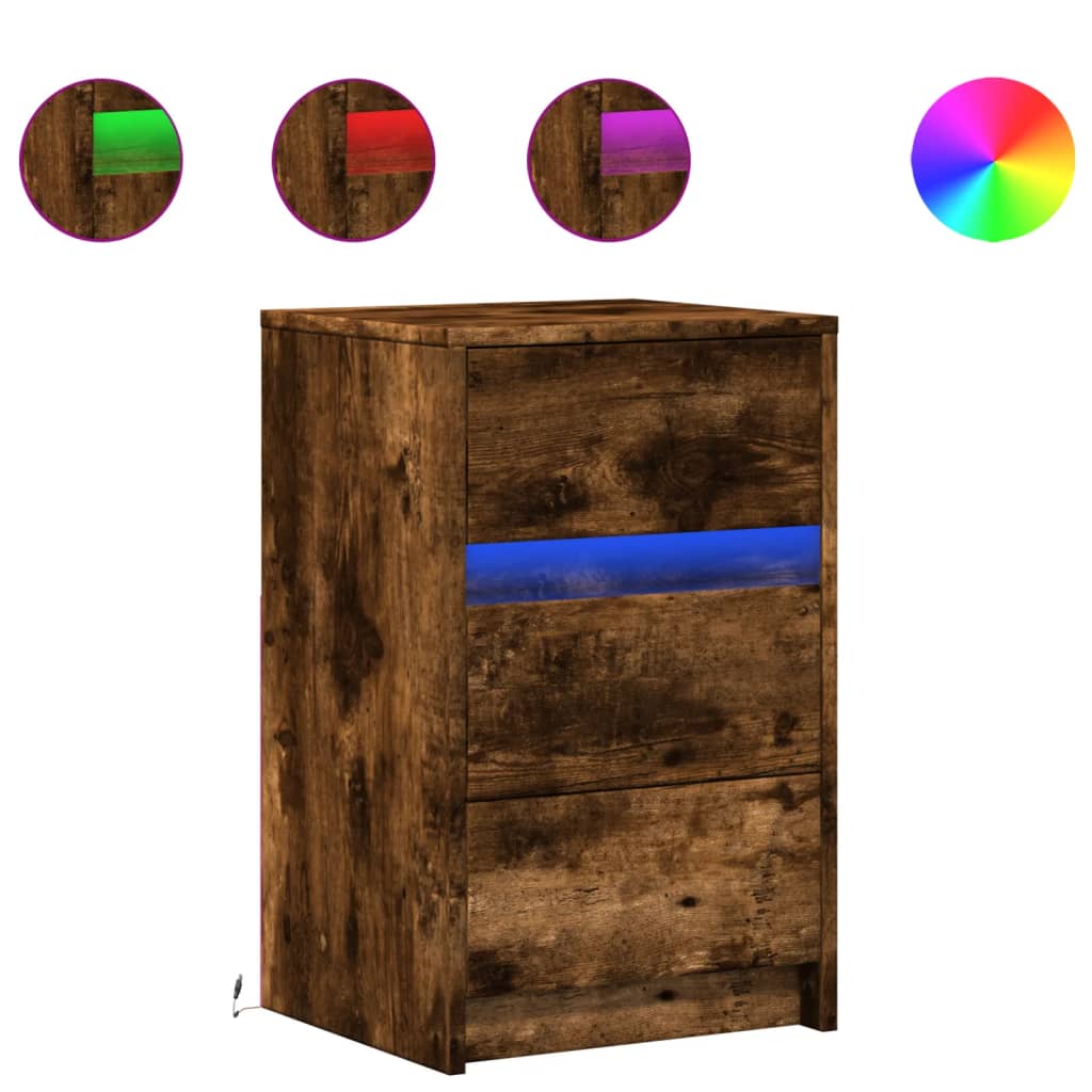Bedside table with LED lights smoked oak wood material