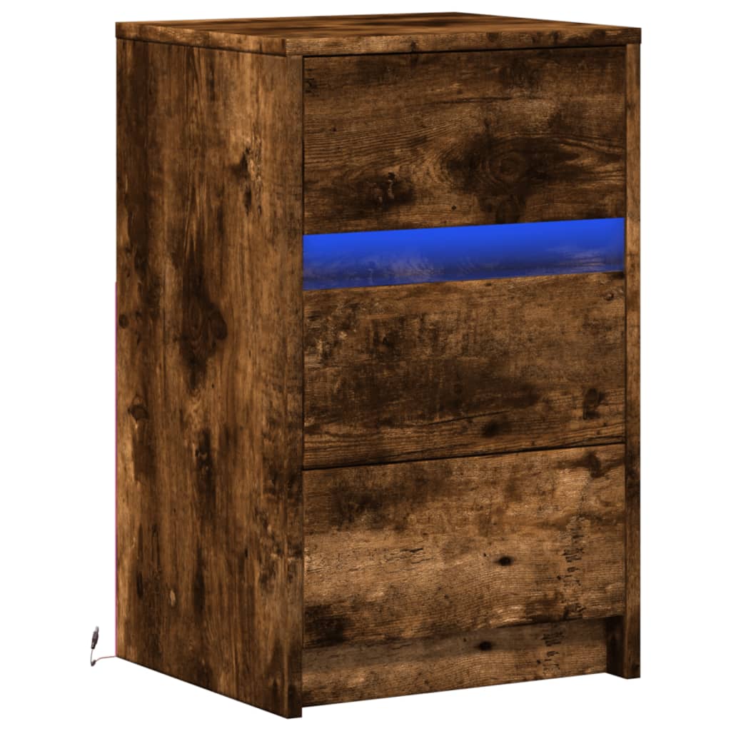 Bedside table with LED lights smoked oak wood material
