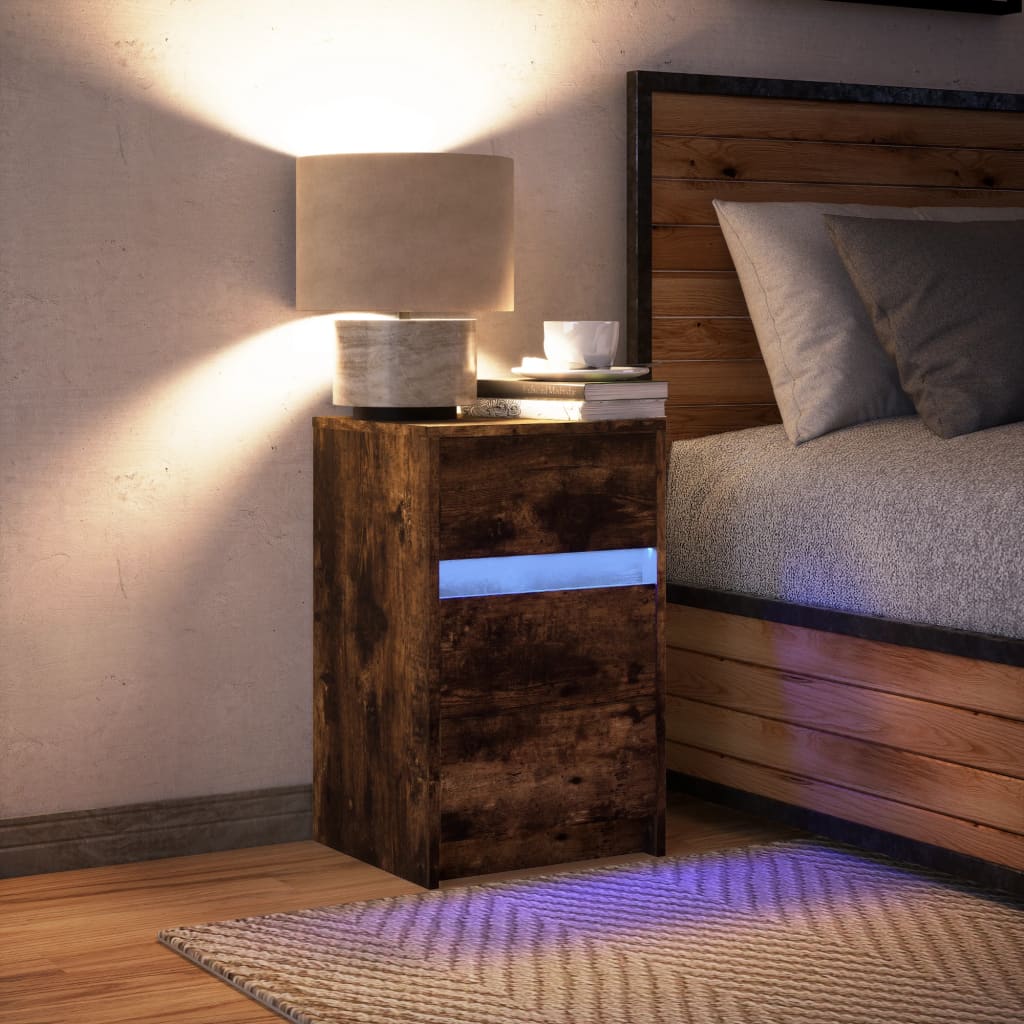 Bedside table with LED lights smoked oak wood material