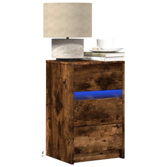 Bedside table with LED lights smoked oak wood material