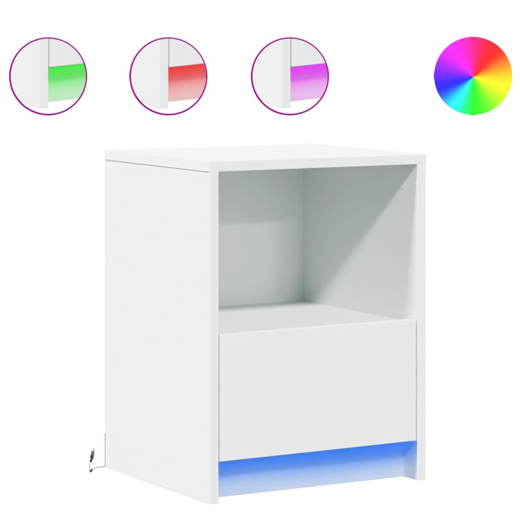 Bedside table with LED lights white wood material