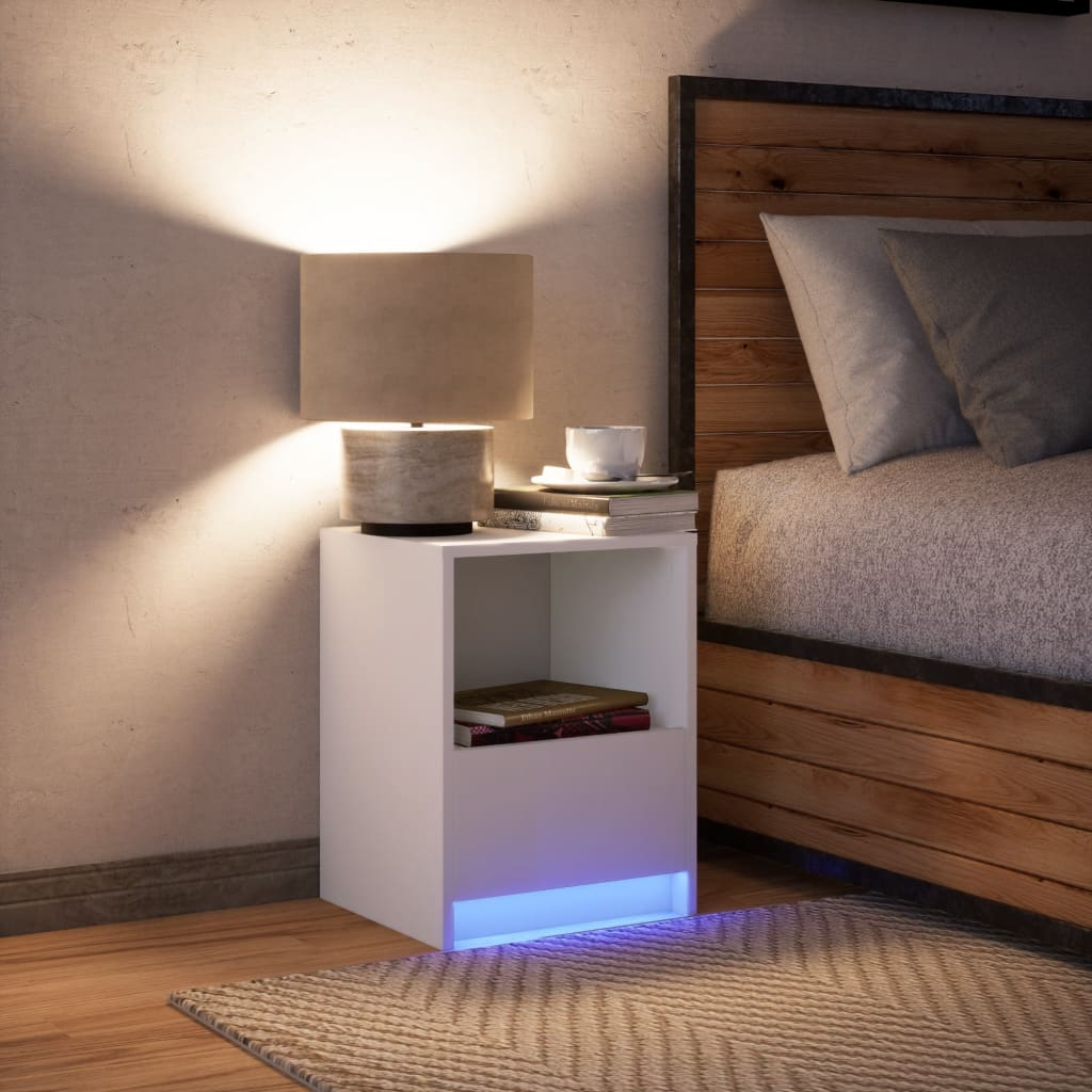 Bedside table with LED lights white wood material