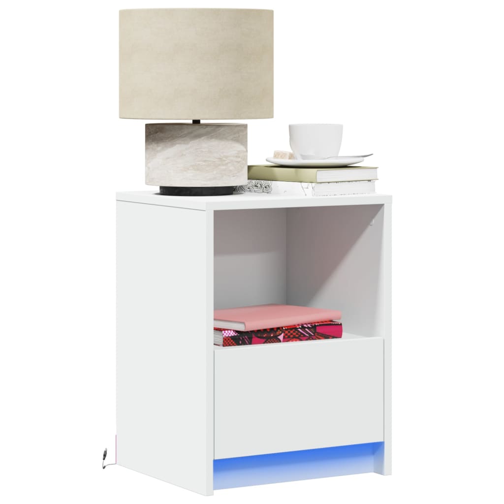 Bedside table with LED lights white wood material