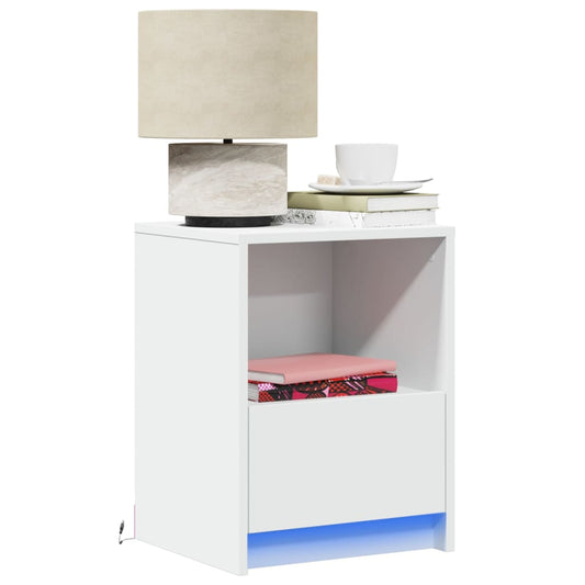 Bedside table with LED lights white wood material