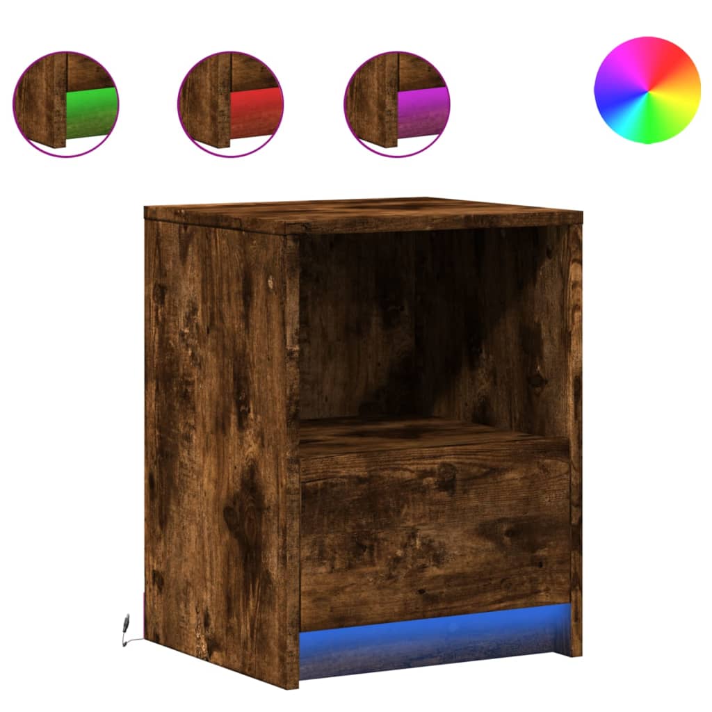 Bedside table with LED lights smoked oak wood material