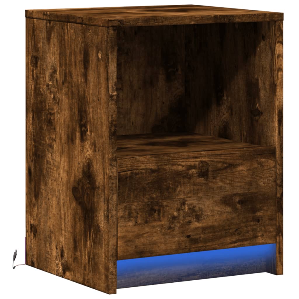 Bedside table with LED lights smoked oak wood material