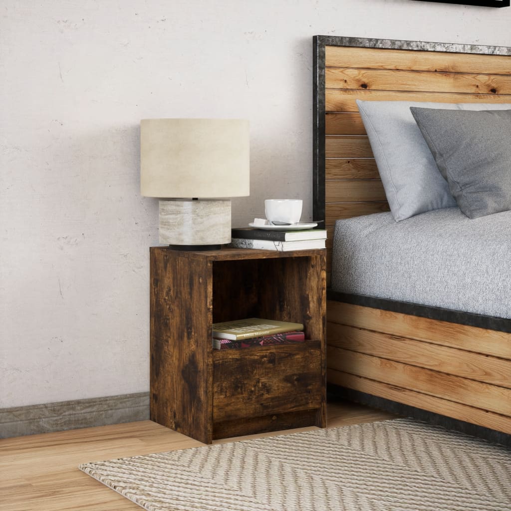 Bedside table with LED lights smoked oak wood material