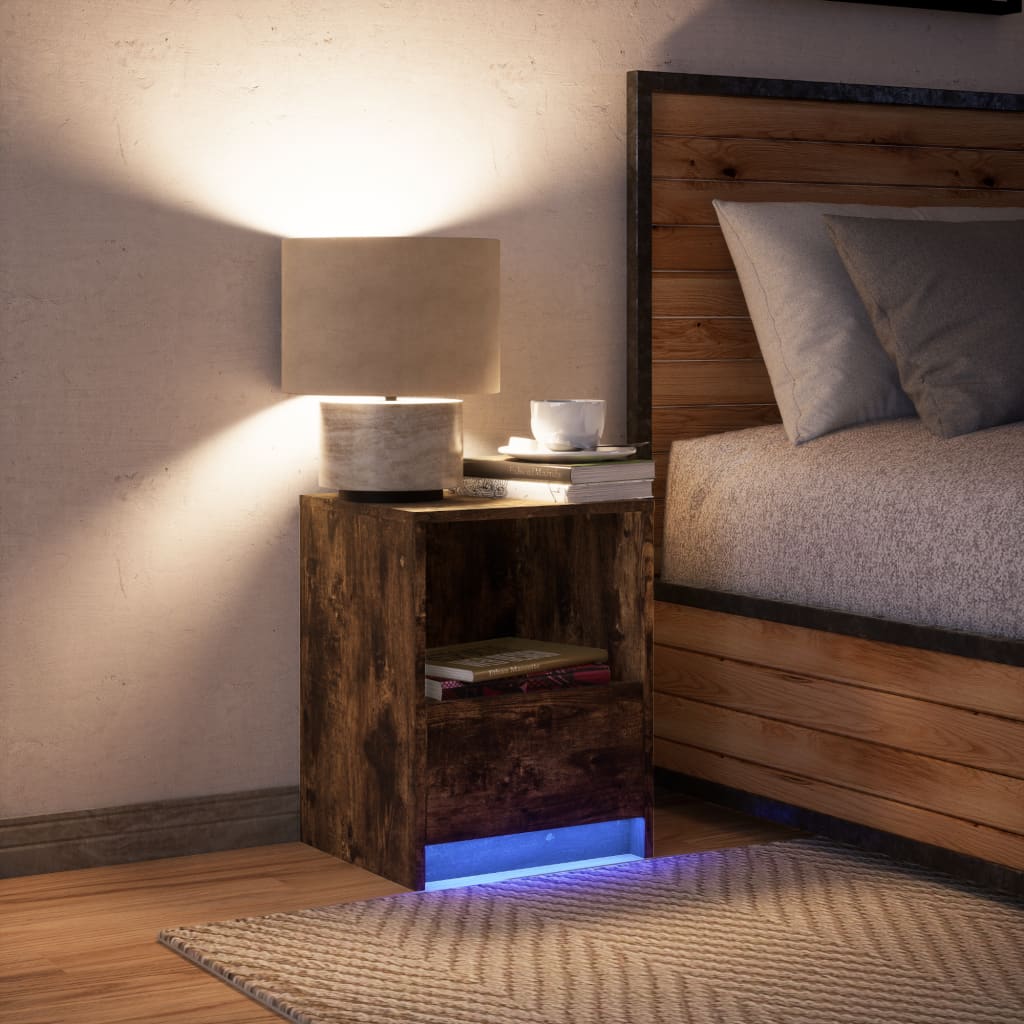 Bedside table with LED lights smoked oak wood material