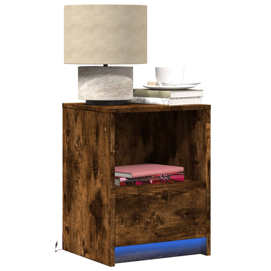 Bedside table with LED lights smoked oak wood material