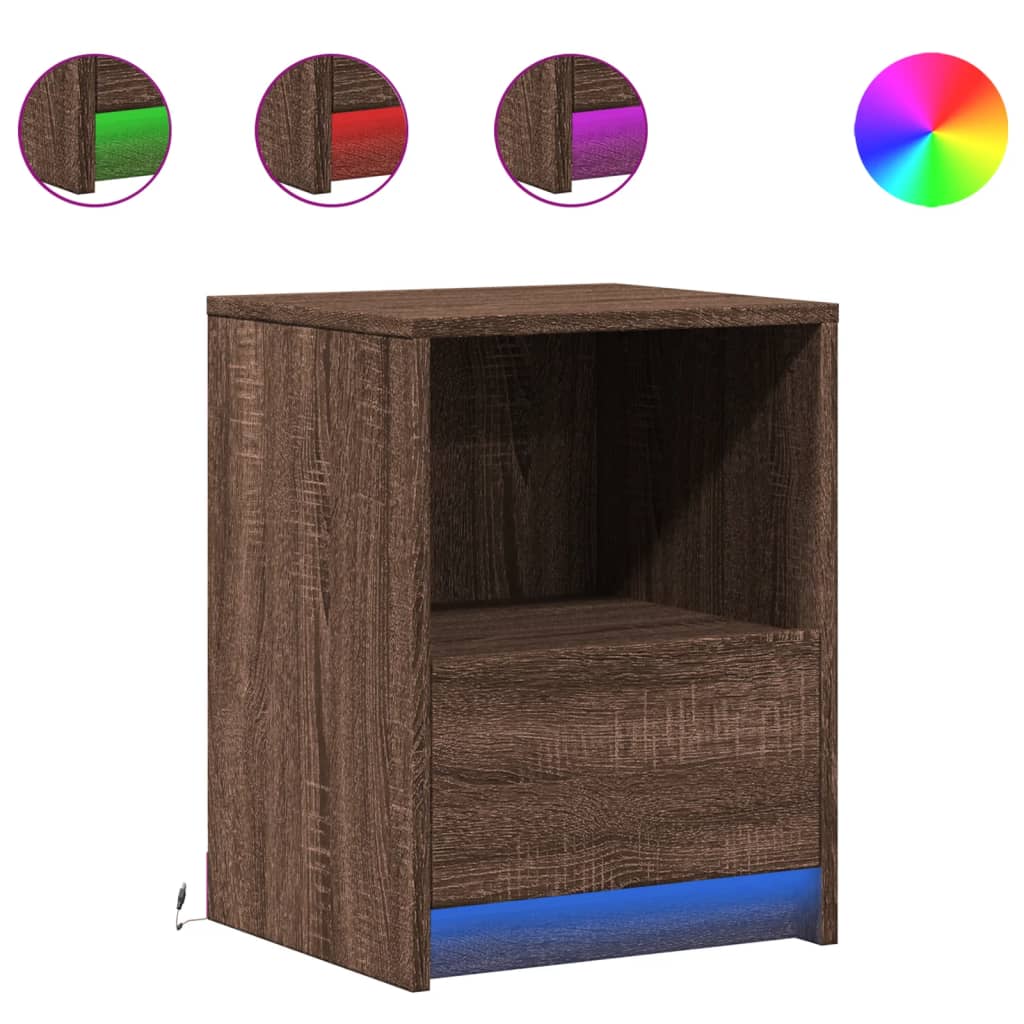 Bedside table with LED lights Brown oak look wood material