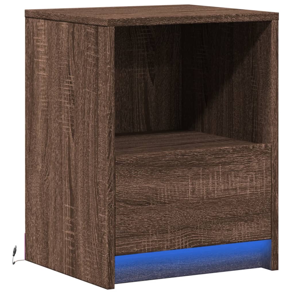 Bedside table with LED lights Brown oak look wood material