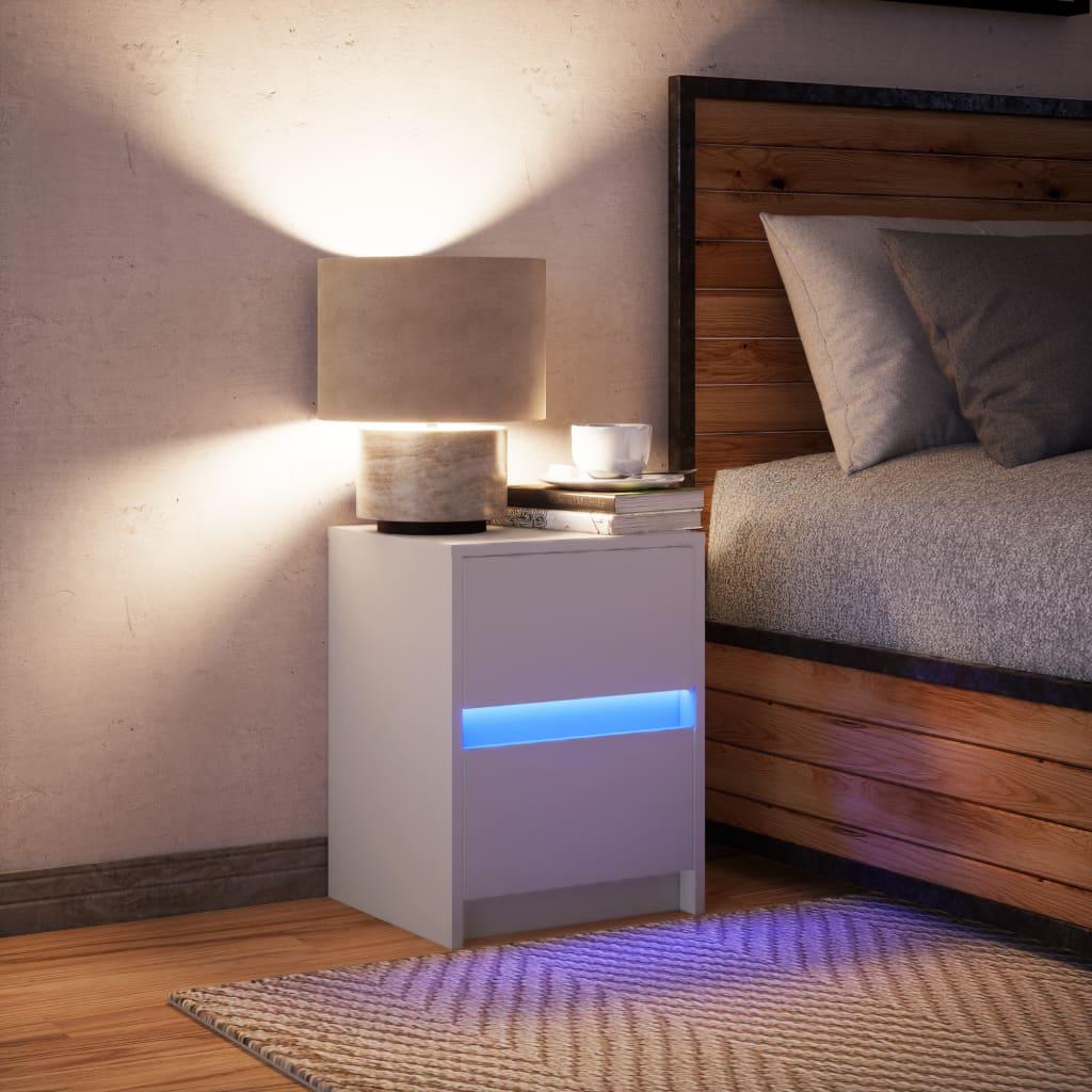 Bedside table with LED lights white wood material