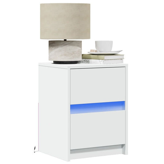 Bedside table with LED lights white wood material