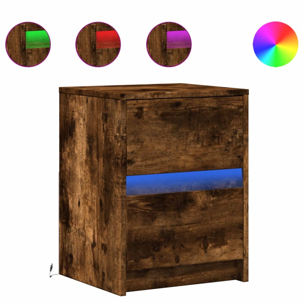Bedside table with LED lights smoked oak wood material