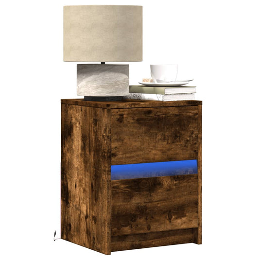 Bedside table with LED lights smoked oak wood material
