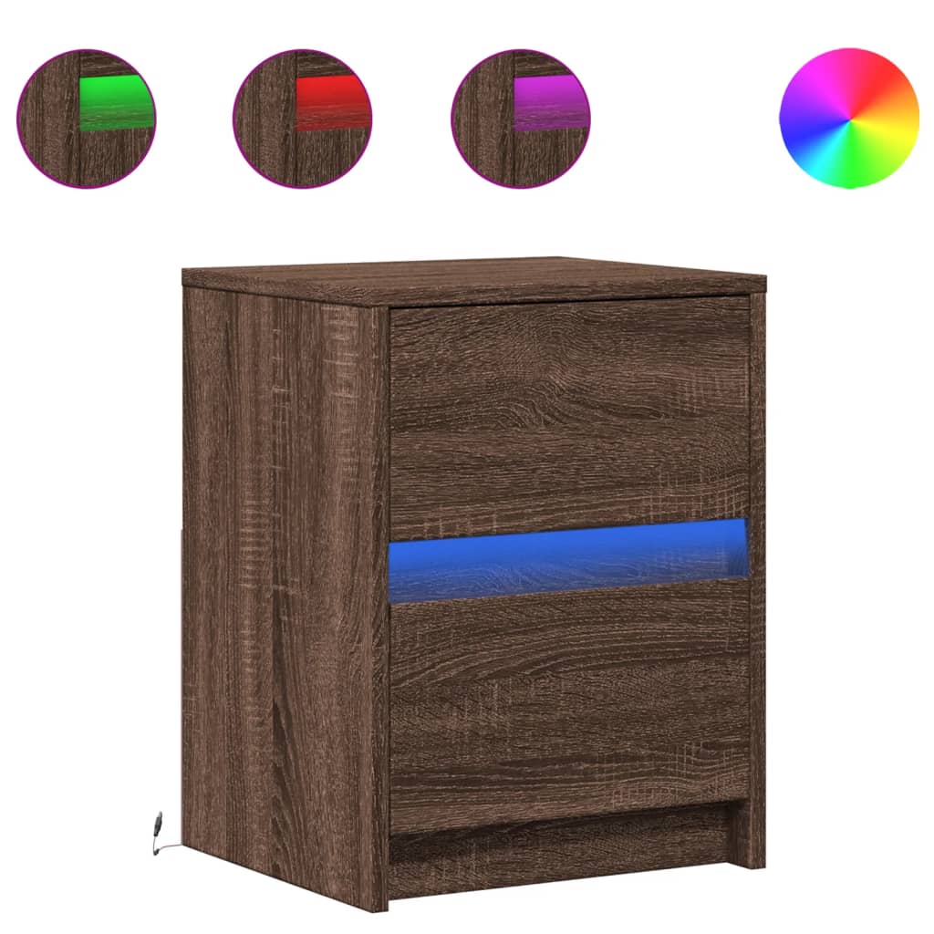Bedside table with LED lights Brown oak look wood material