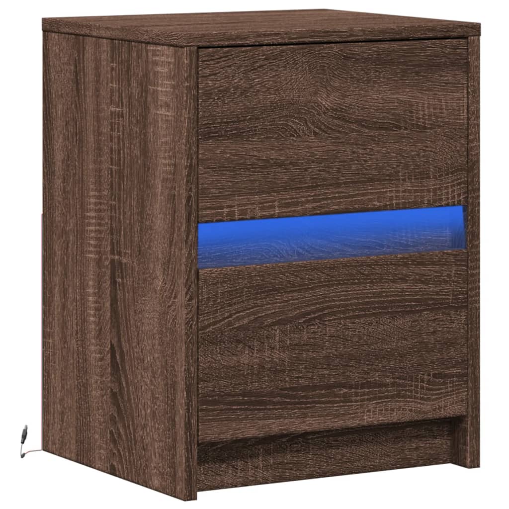 Bedside table with LED lights Brown oak look wood material