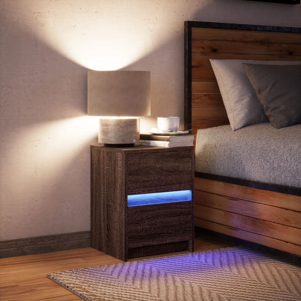 Bedside table with LED lights Brown oak look wood material