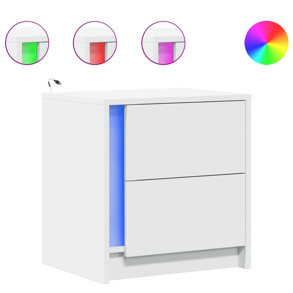 Bedside table with LED lights white wood material