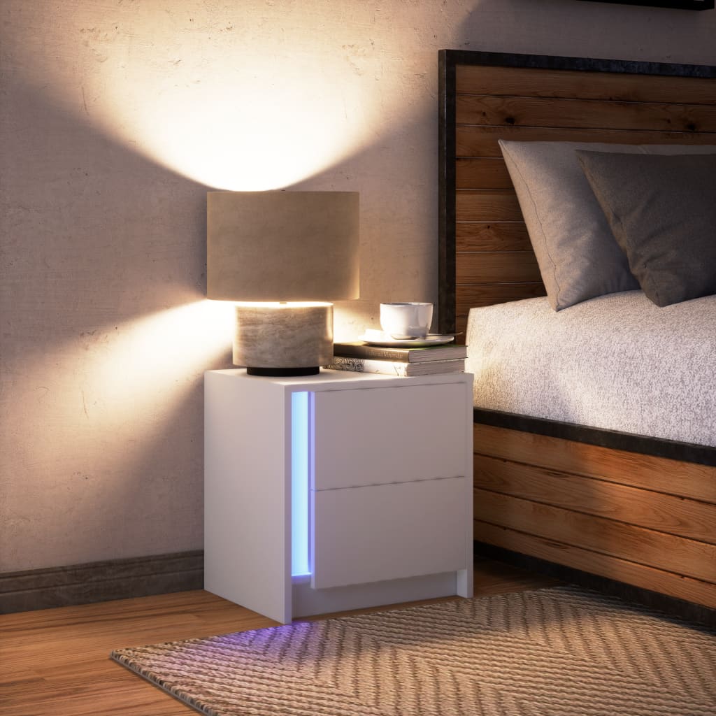 Bedside table with LED lights white wood material