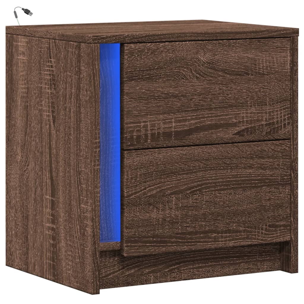 Bedside table with LED lights Brown oak look wood material