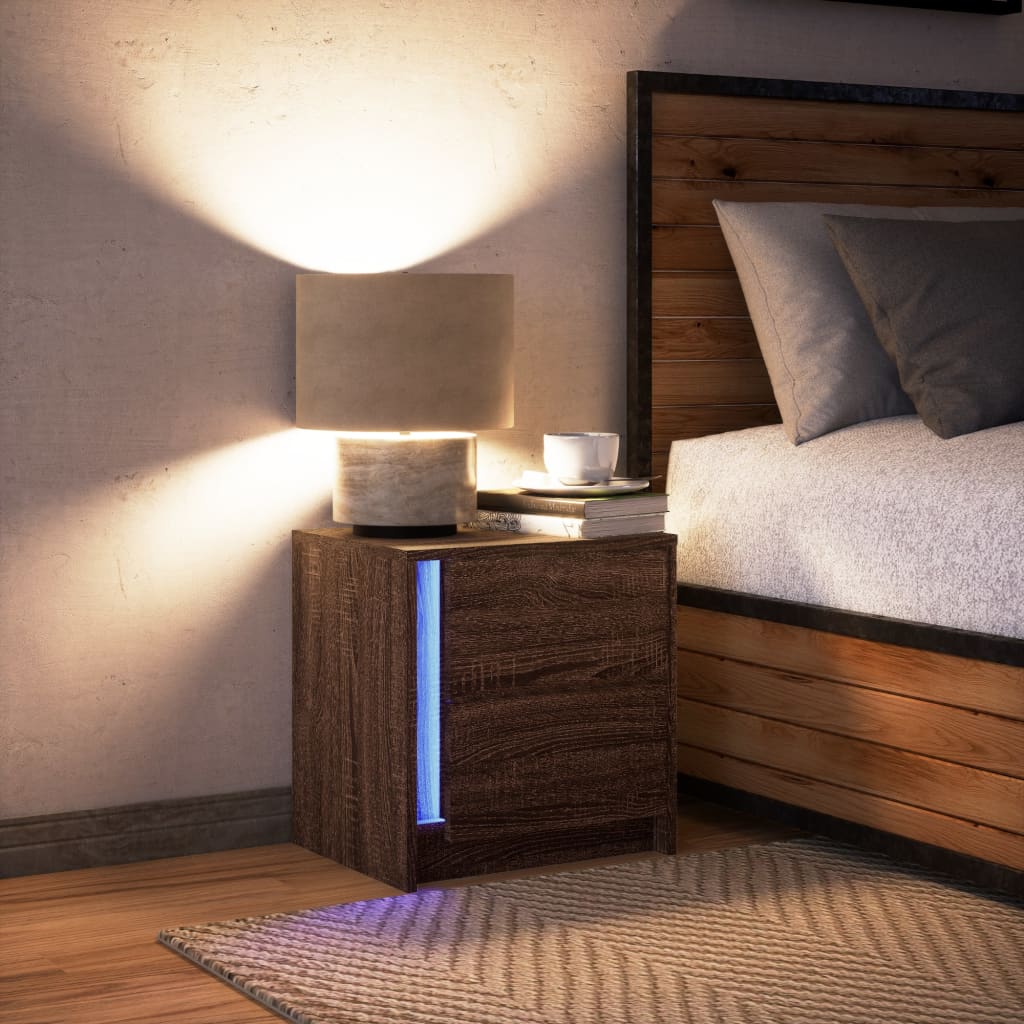 Bedside table with LED lights Brown oak look wood material
