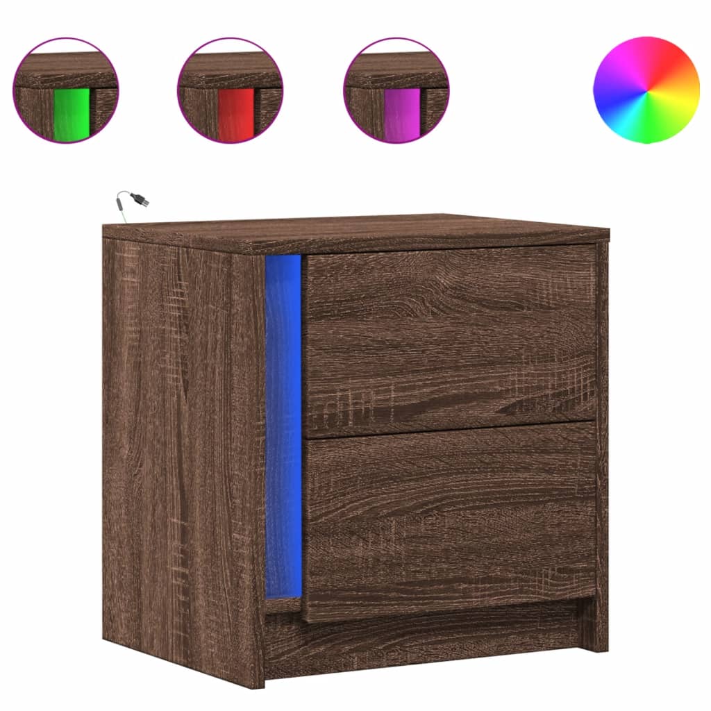 Tables de chevet avec lumières LED 2 pcs. Matériau en bois de chêne marron.