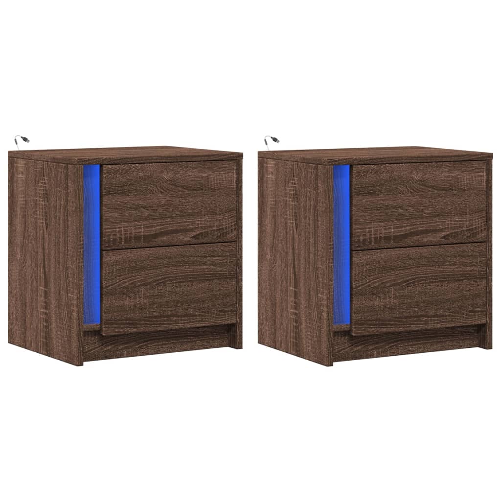 Tables de chevet avec lumières LED 2 pcs. Matériau en bois de chêne marron.