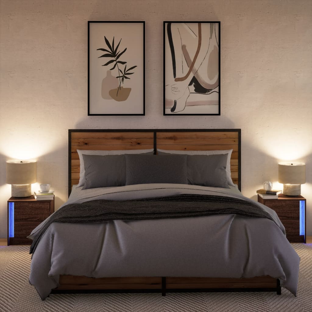 Tables de chevet avec lumières LED 2 pcs. Matériau en bois de chêne marron.