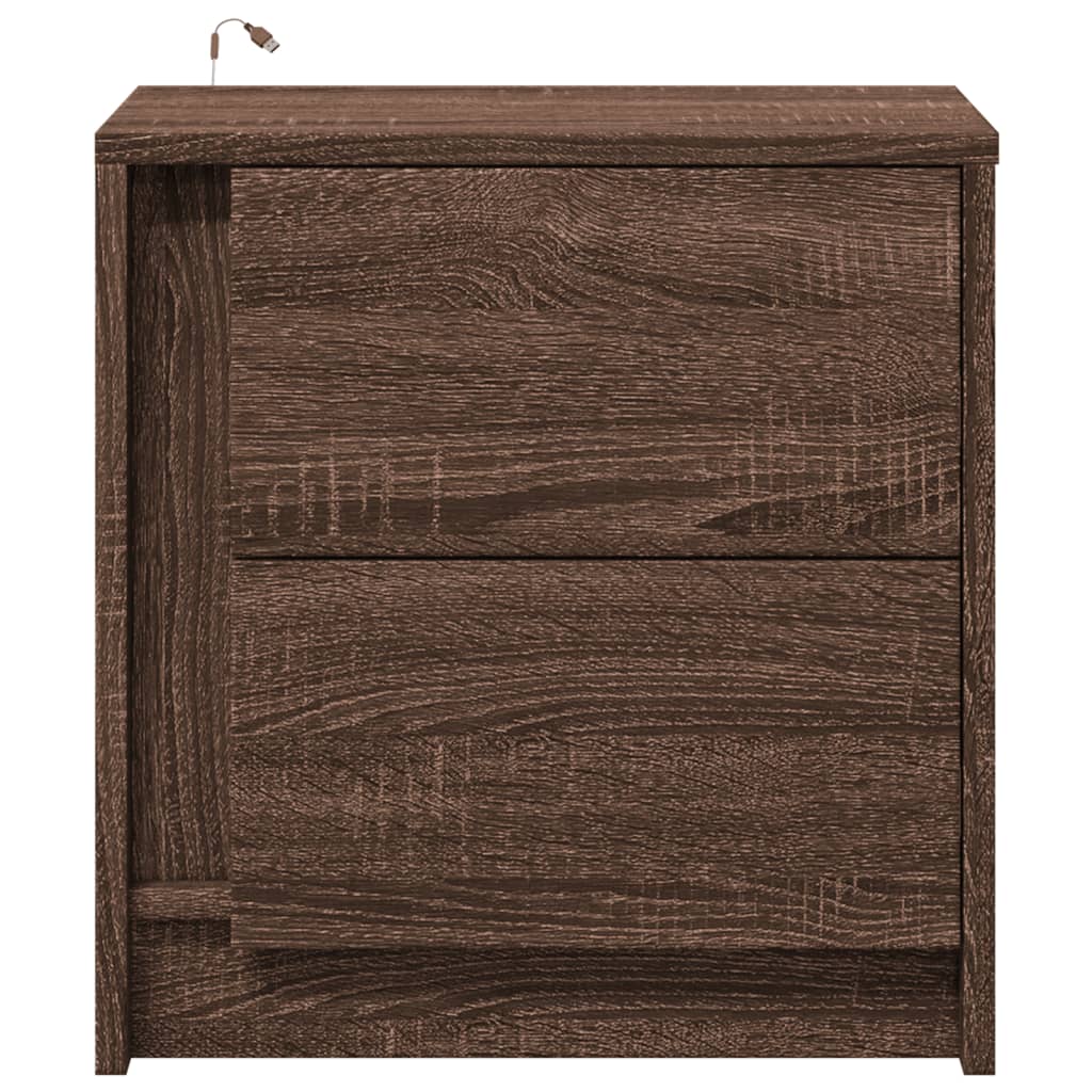 Tables de chevet avec lumières LED 2 pcs. Matériau en bois de chêne marron.