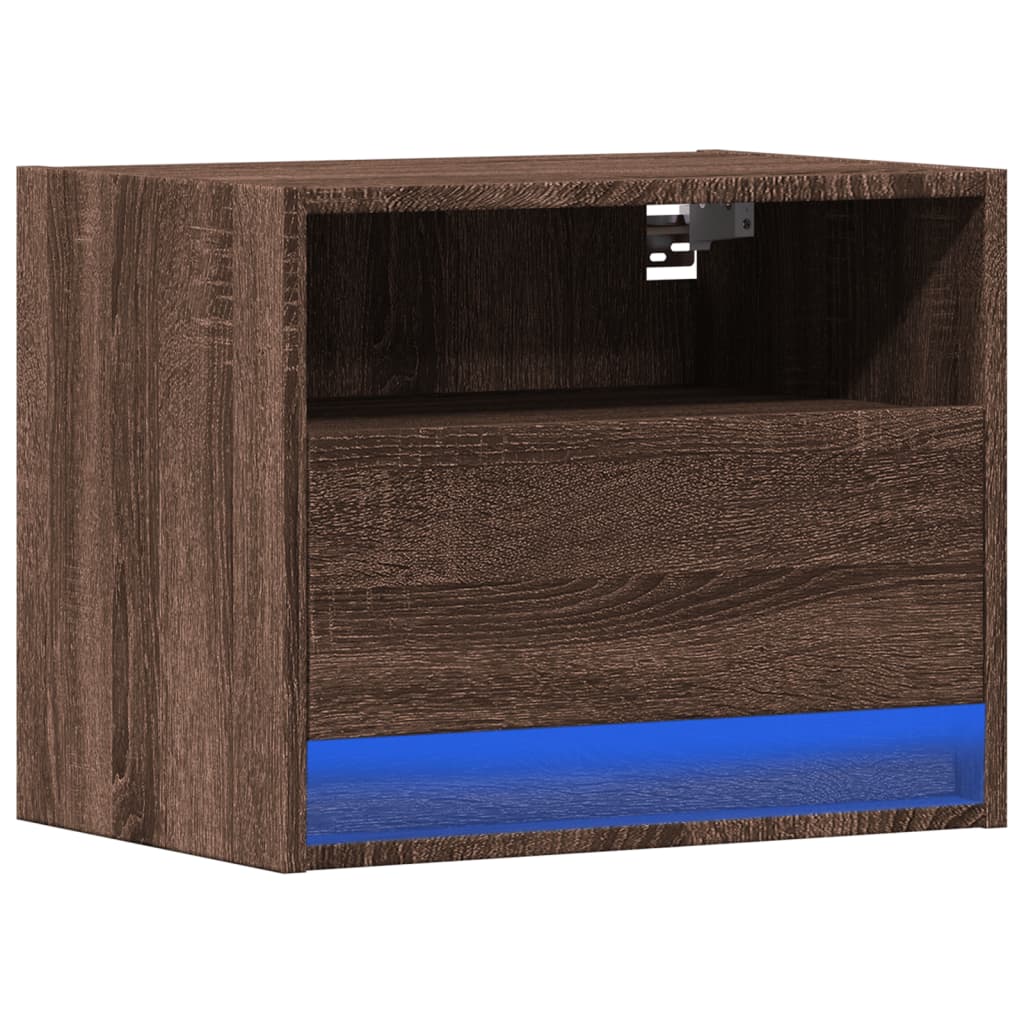 Table de chevet murale avec lumières LED aspect chêne marron