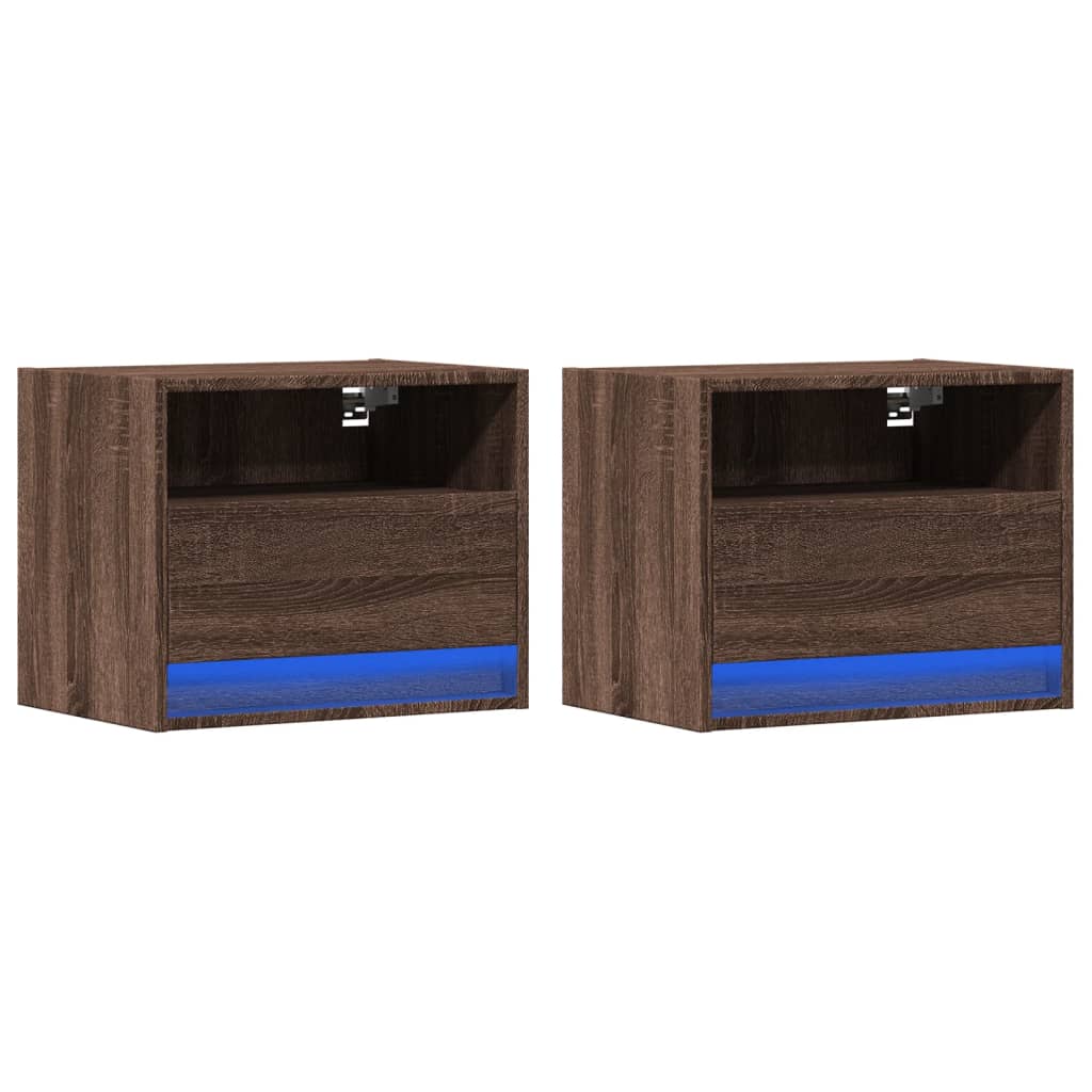 Wall-mounted bedside tables with LED lights 2 pcs. Brown oak look