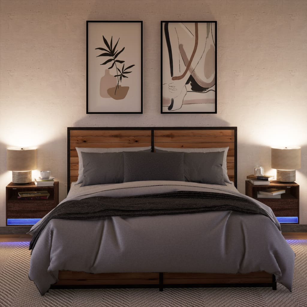 Wall-mounted bedside tables with LED lights 2 pcs. Brown oak look