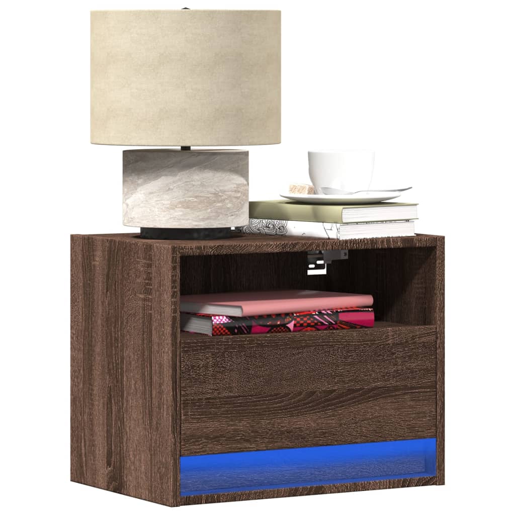 Wall-mounted bedside tables with LED lights 2 pcs. Brown oak look