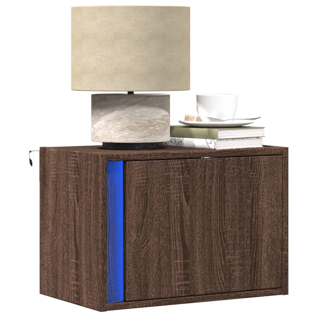 Table de chevet murale avec lumières LED aspect chêne marron